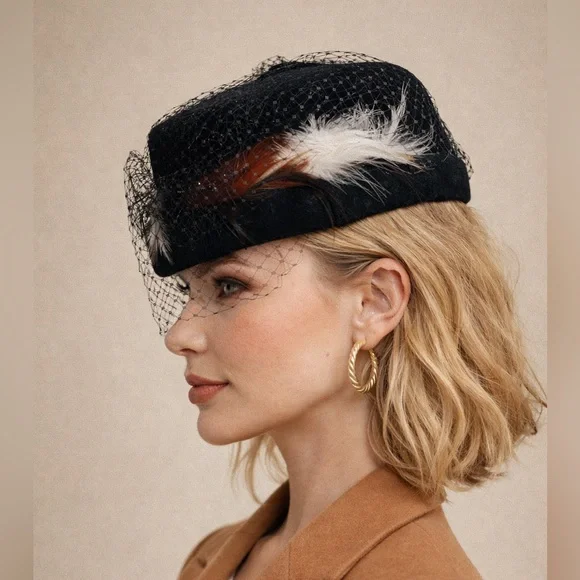 Vtg 1940s Velvet Pillbox Hat Feather Birdcage Veil Union USA Kentucky Derby - Picture 2 of 12